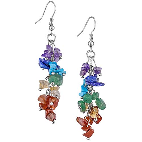 Nupuyai Natural Tumbled Chips Stone Healing Crystal Dangle Hook Earrings for Women, 7 Chakra Stone