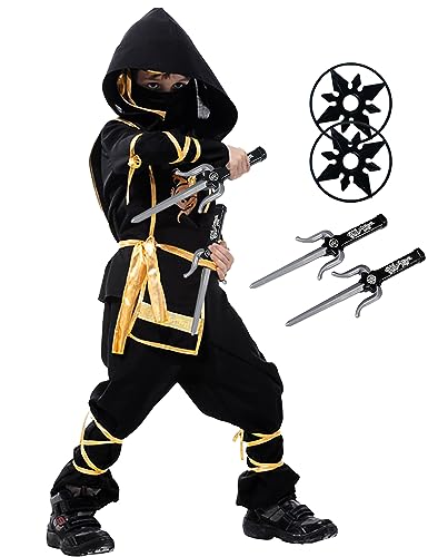 Nabobs Kids Ninja Costume - Ninja Outfit Boys Gragon Costume with Plastic Ninja Toys, Halloween Ninja Costumes for Boys Girls (Medium (5 – 6 yrs))