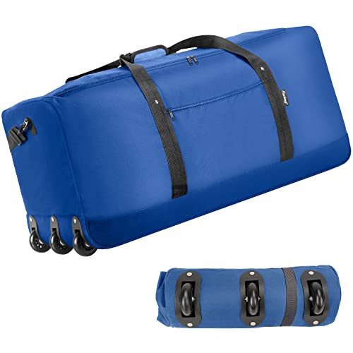 Finnhomy 120L Foldable Rolling Duffel Bag with 3 Wheels, Light Weight Travel Duffel bag with Large Loading Capacity, 32 inch Rolling Duffel bag with Shoulder Strap for Travel Camping Sports, Navy Blue