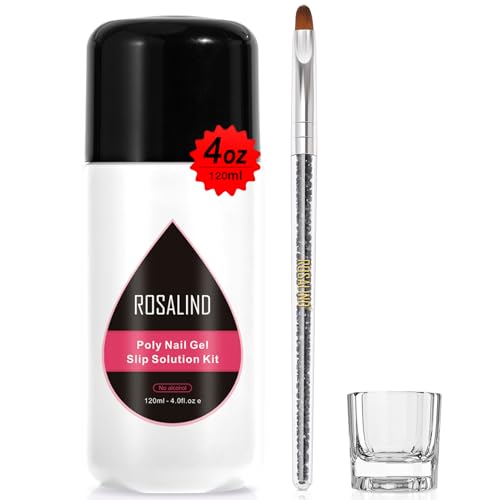 ROSALIND 4oz Slip Solution for Poly Nail Gel 120ml Gel Extension Liquid Solution for Poly Nail Gel Anti-stick Slip Solution, Poly Slip Extension Liquid Solution with Brush and Liquid Cup
