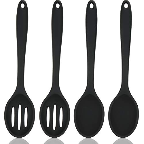 4 Pieces Silicone Cooking Spoons Set Silicone Serving Spoon Silicone Nonstick Mixing Spoons Slotted Spoons Large Nonstick Heat Resistant Spoons for Kitchen Cooking Bake Stir Draining Tool (Black)