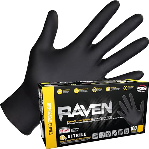 Raven Powder Free Nitrile Disposable Gloves | 7 Mil - Med | Latex Free, Chemical + Puncture Resistant, Textured Grip, Single Use | for Automotive, Industrial, Janitorial, MRO, Food Service | 66517