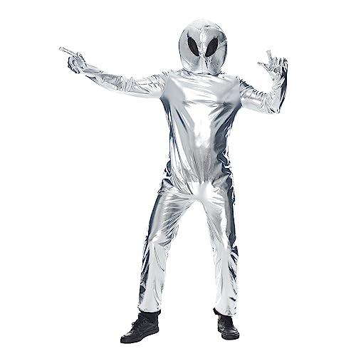 EraSpooky Adult Alien Costume Unisex Halloween Extraterrestrial Space Metallic Bodysuit with Hat