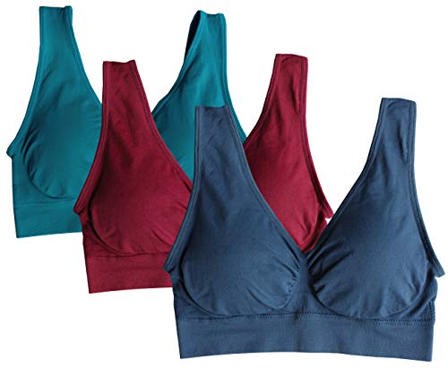 Cabales KINYAOYAO Women's 3-Pack Seamless Wireless Sports Bra with Removable Pads Navy-Blue-Wine