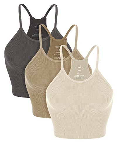 ODODOS Women's Crop 3-Pack Washed Seamless Rib-Knit Camisole Crop Tank Tops, Mushroom Taupe Charcoal, Medium/Large