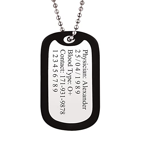 U7 Men Women Personalized Military Army Dog Tags with Black Silencer Custom Engraved Medical Alert ID Tag Pendant with Stainless Steel Chain 23'