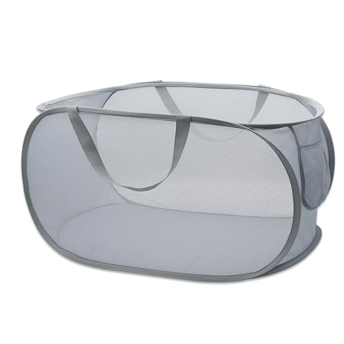 HONOMA Sturdy Mesh Laundry Hamper Basket Bag,Pop up Basket with Side Pocket for Laundry Room, Bathroom, Kids Room, College Dorm or Travel (Pop Horizontal, Grey)