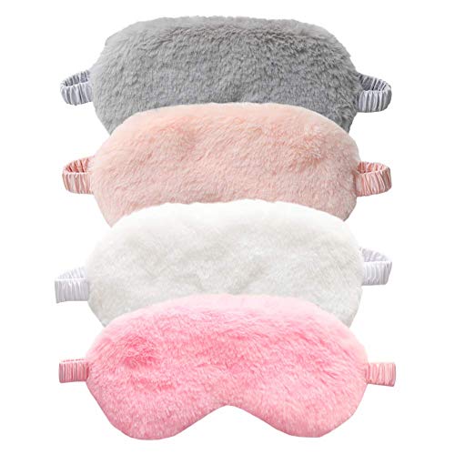 EleCharm 4-Pack New Faux Fur Eye Mask Soft Plush Nap Eyeshade Sleeping Blindfold Satin Back