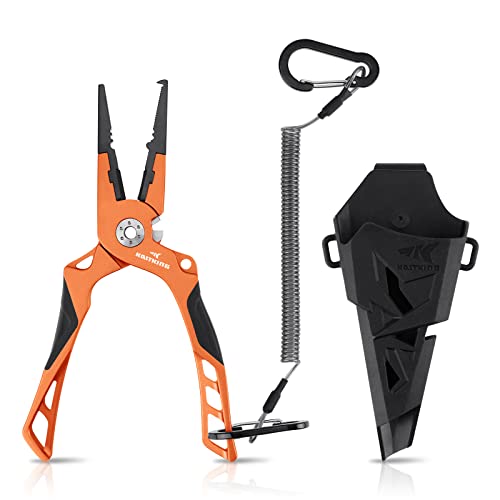 KastKing Gila 7.5-inch Fishing Pliers with Scissor Line Cutters, Aircraft Grade Aluminum Fishing Gear, Saltwater Resistant Fishing Tools, Non-Slip Rubber Handle, Split Ring Nose, Burt Orange