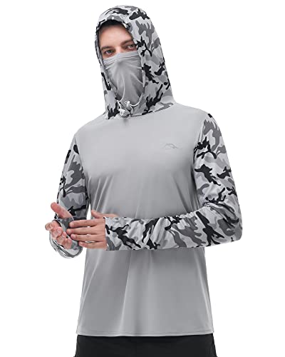 FISHEAL Mens SPF UV Protection Hoody Shirts - Quick Dry Long Sleeve Sun Shield Sweatshirts with Mask for Outdoor Fishing Hunting Hiking
