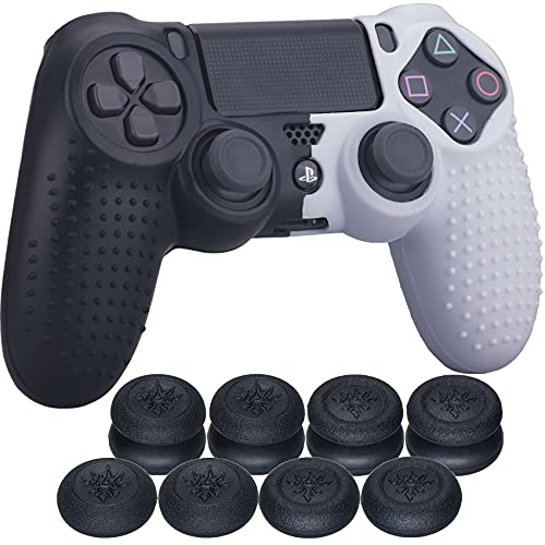YoRHa Studded Dots Silicone Rubber Gel Customizing Cover for Sony PS4/slim/Pro Dualshock 4 Controller x 1(Black&White) with Pro Thumb Grips x 8