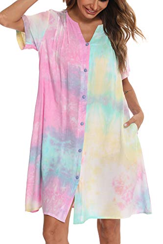 YOZLY House Dresses for Elderly Lightweight Moo Moos for Women Button Down Nightgown Multicolor, XX-Large