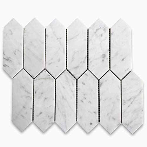 Stone Center Online Carrara White Marble 2x6 Picket Fence Elongated Hexagon Mosaic Tile Polished Kitchen Bath Wall Floor Backsplash Shower (1 Sheet)