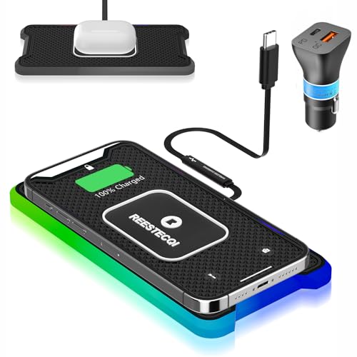 Wireless Car Charger Pad, REESTECQI 15W RGB Wireless Charger for Car Type C Non Slip Wireless Charging Pad for Car 40W Car Charger Incl for Airpods iPhone 15/14/13/12 Samsung S23/S22/S21 (30cm Cable)