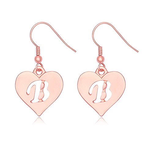 SENFAI Heart Shaped Single Initial Alphabet Letters Personalized Charms Dangle Earrings (B, rose-gold-plated-brass)