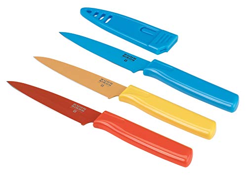 Kuhn Rikon Straight Paring Knife with Safety Sheath, 4 inch/10.16 cm Blade, Red, Yellow & Blue (Pack of 1)