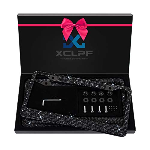 Bling License Plate Frame for Women，Sparkly License Plate Frames| Stainless Steel Frames & Over 1200 pcs Finest 14 Facets Black Glass Diamond Rhinestone Crystals w/Free Premium Black Diamond+GiftBox