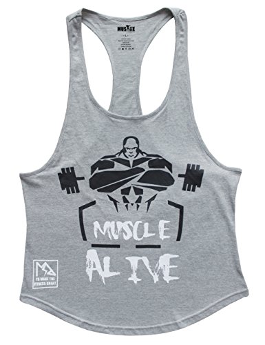 Muscle Alive Mens Bodybuilding Stringer Tank Tops Cotton Racerback Arch Hem Size L Gray Color
