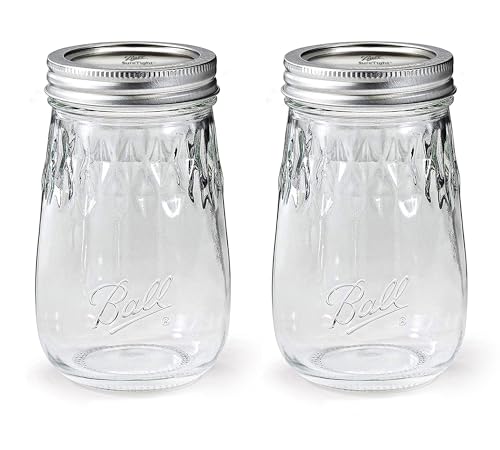 Regular Mouth Flute Mason Jars 16 oz - (2 Pack) - Ball Regular Mouth Pint 16-Ounces Mason Jars With Airtight lids and Bands - For Canning, Decor and Drinkware + M.E.M Rubber Jar Opener Included