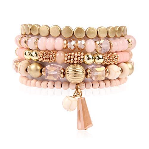 RIAH FASHION Bohemian Mix Bead Multi Layer Versatile Statement Bracelets - Stackable Beaded Strand Stretch Bangles Sparkly Crystal, Tassel Charm (Pink)