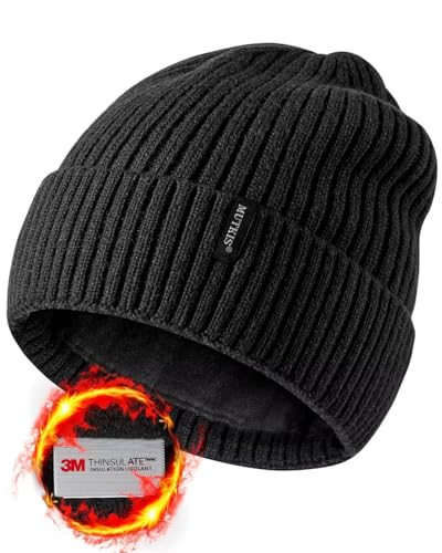 Beanie Hats for Men 30% Merino Wool Knit Hat, Winter Hats for Women Thick Thermal Warm Thinsulate Lined, Beanie for Women Cold Weather Skull Cap Black