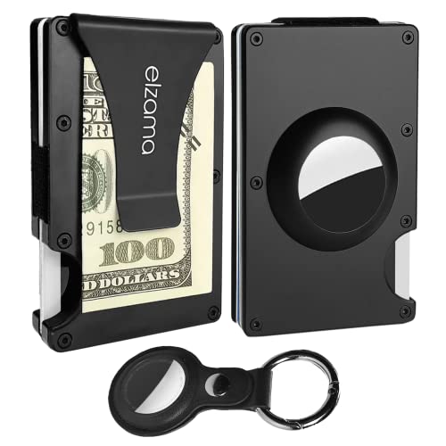 elzama AirTag Metal Wallet with Money Clip and Air Tag Keychain, Slim Card Case Holder with RFID (Apple AirTags Not Included)