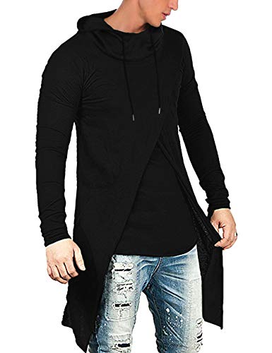COOFANDY Mens Slim Fit Lightweight Casual Hip Hop Long Length Hooded Sweatshirt, Black, Medium