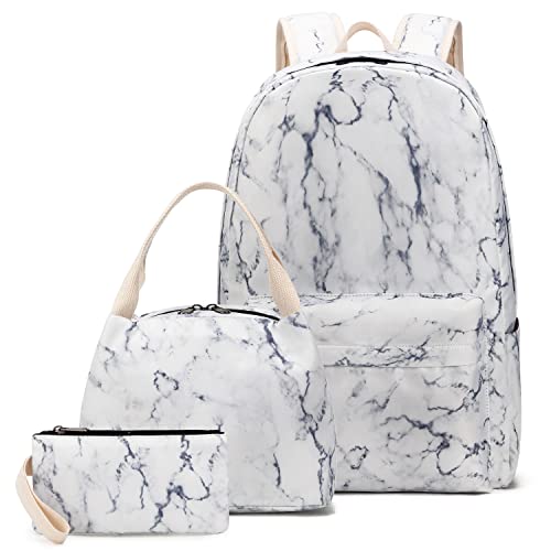 Pawsky Teen Girls School Backpack Travel Laptop Backpack Casual Daypack College School Bookbag with Lunch Box and Pencil Case (Marble)