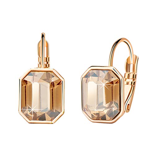 Austrian Crystal Octagon Leverback Drop Earrings for Women 14K Rose Gold Plated Hypoallergenic Jewelry (Light Topaz)