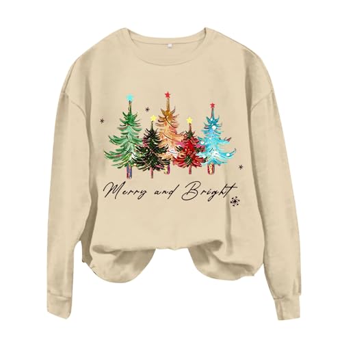 best Merry And Bright Christmas Shirts for Women Crewneck Long Sleeve Xmas Christmas Tree Printed Hoodie Graphic (Beige, S)