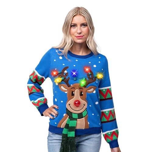 JOYIN Adult Reindeer Ugly Blue Sweater with Light Bulbs-L