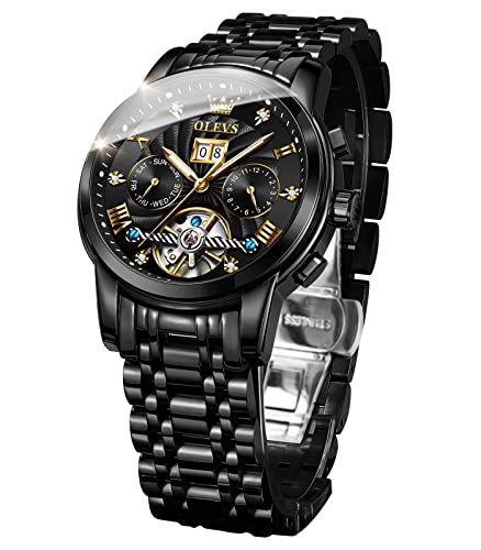 OLEVS Men Automatic Watch Skeleton 5 Hands Mechanical Classic Luxury Multi Calendar Stainless Steel Waterproof Wrist Watch for Men (Black&Black)