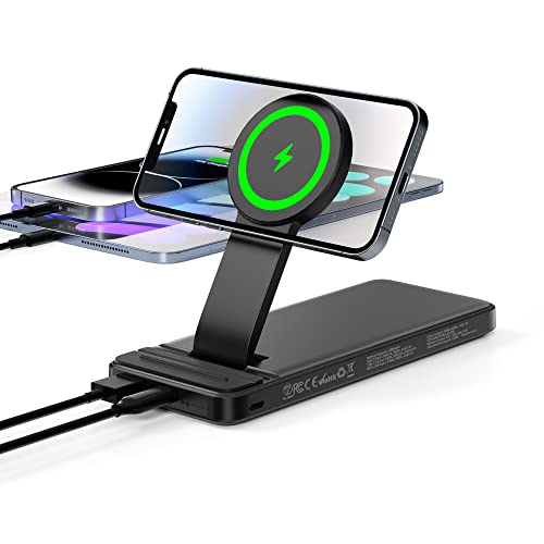 ESORUN MagSafe Battery Pack - 10000mAh Foldable Magnetic Wireless Portable Charger, 20W PD USB-C Fast Charging 3 in 1 Mag-Safe Power Bank for Apple iPhone 14 13 12 Pro Max Mini, Black