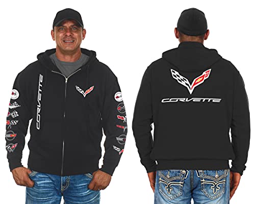 JH DESIGN GROUP Men's Chevy Corvette C7 Collage Black Zip Up Hoodie Sweatshirt (X-Large, CLG2-black)