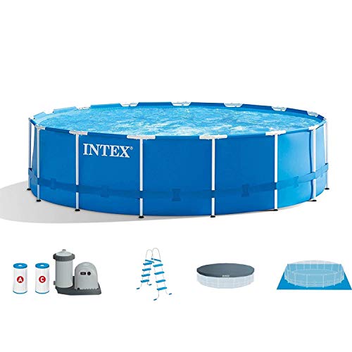 Intex 28253EH 18 Foot x 48 Inch Metal Frame Outdoor Above Ground Swimming Pool Set with with Filter Pump, Ladder, Ground Cloth and Pool Cover