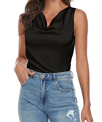 Wantschun Women's Cowl Neck Tank Top Silk Satin Sleeveless Draped Blouse Shirt Black ; Small