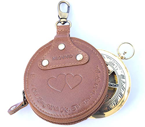 NEOVIVID Grow Old Along with Me Sundial – Sundial Compass - Sundial Clock – Anniversary Sundial Gift – Valentine’s Sundial (Brass and Leather)