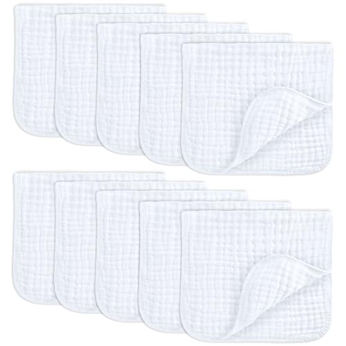 Comfy Cubs Muslin Burp Cloths Set Large 100% Cotton Hand Washcloths for Babies, Baby Essentials 6 Layers Extra Absorbent and Soft Boys & Girls Baby Bibs & Burp Cloths Set (White, 10-Pack, 20' X10')