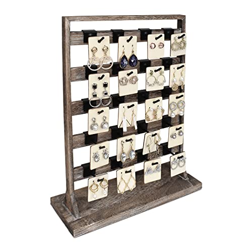 Ikee Design Wooden Jewelry Display Rack with 20 Removable Metal Hooks, Earring Card Display Holder Stand with Hooks, Jewelry Tower for Earring Cards, Necklaces, Keychains, Coffee Color