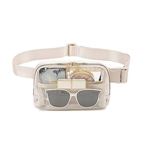 Clear Fanny Pack Stadium Approved for Women Men with Adjustable Strap,Crossbody Clear Belt Waist Bag Pouch for Concerts Hiking Running Beige