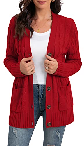 GRECERELLE Women’s Long Sleeve Open Front Boyfriend Knitted Cardigan Sweaters Button Down Chunky Classic Colors Sweater Outwear Coat Red-Medium