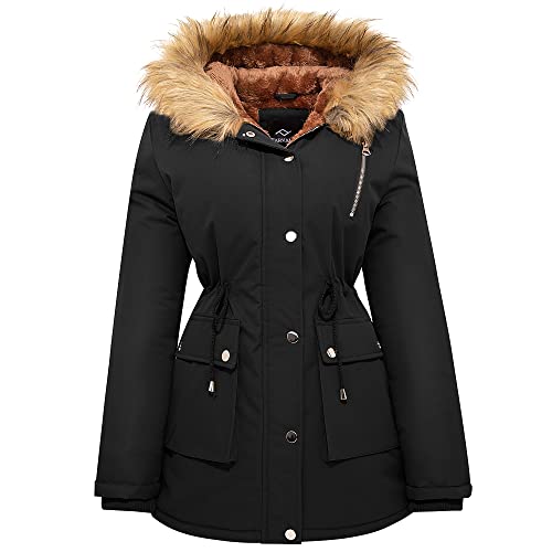 FARVALUE Womens Water-reprllent Winter Coat Thicken Puffer Jacket Warm FLeece Lined Parka with Fur Hood Black Medium