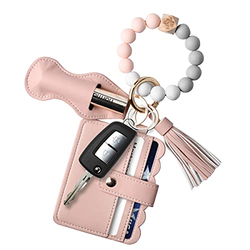 KESOCORAY Women Wristlet Bracelet Keychain Wallet,Silicone Wooden Beaded Bangle Key Ring Tassel Key Chain with Lipstick Holder for Girls(Pink)