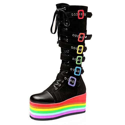 CELNEPHO Knee High Platform Boots For Women Fashion Gothic Punk Rainbow Sole Buckle Zip Lace Up Wedge Heeled Boots Round Toe Combat Motorcycle Boots