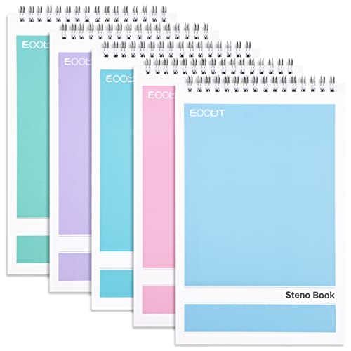 EOOUT 5 Pack 80 Sheets Top Spiral Steno Pads, 6x9 Inches, White Paper Notepads, 5 Assorted Pastel Color Covers Steno Notebooks for Writing Notes in School, University, College, Office