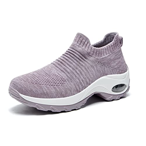 Women's Walking Shoes Sock Sneakers - Breathable Mesh Slip On Lady Girls Work Nursing Easy Shoes Platform Loafers Light Purple 9