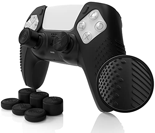 Foamy Lizard SensePro Dock Compatible PS5 Controller | Soft Flat Anti-Slip Studded Silicone Gel Grip Cover for Playstation 5 Dualsense, Rubber Protector Plus 8 Raised Thumb Grip Caps (Black)