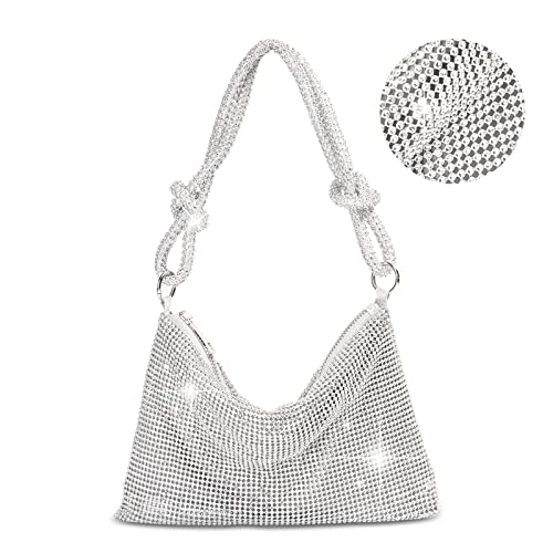 QLBO Silver Purse Rhinestone Purse Silver Clutch Sparkly Purse Silver Bag 10.2'×0.4'×6.69'(Silver)