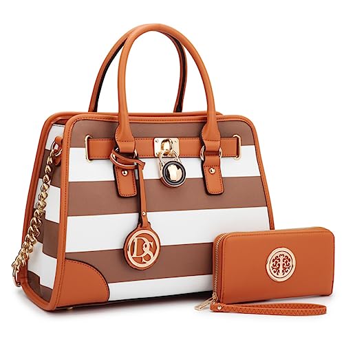 Dasein Women Handbags Top Handle Satchel Purse Shoulder Bag Hobo Bag Work Bag Set 2pcs (Coffee/White)