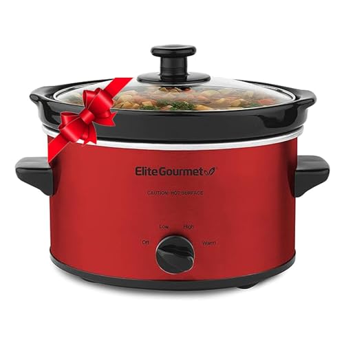 Elite Gourmet MST-275XR Electric Oval Slow Cooker, Adjustable Temp, Entrees, Sauces, Stews & Dips, Dishwasher Safe Glass Lid & Crock (2 Quart, Metallic Red)